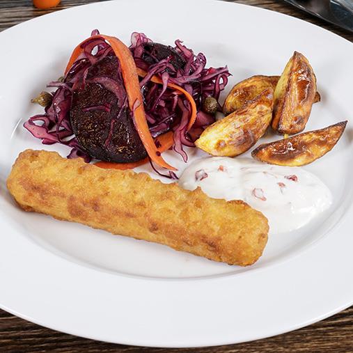 Fish'n Chips roll med rostad potatis och sallad